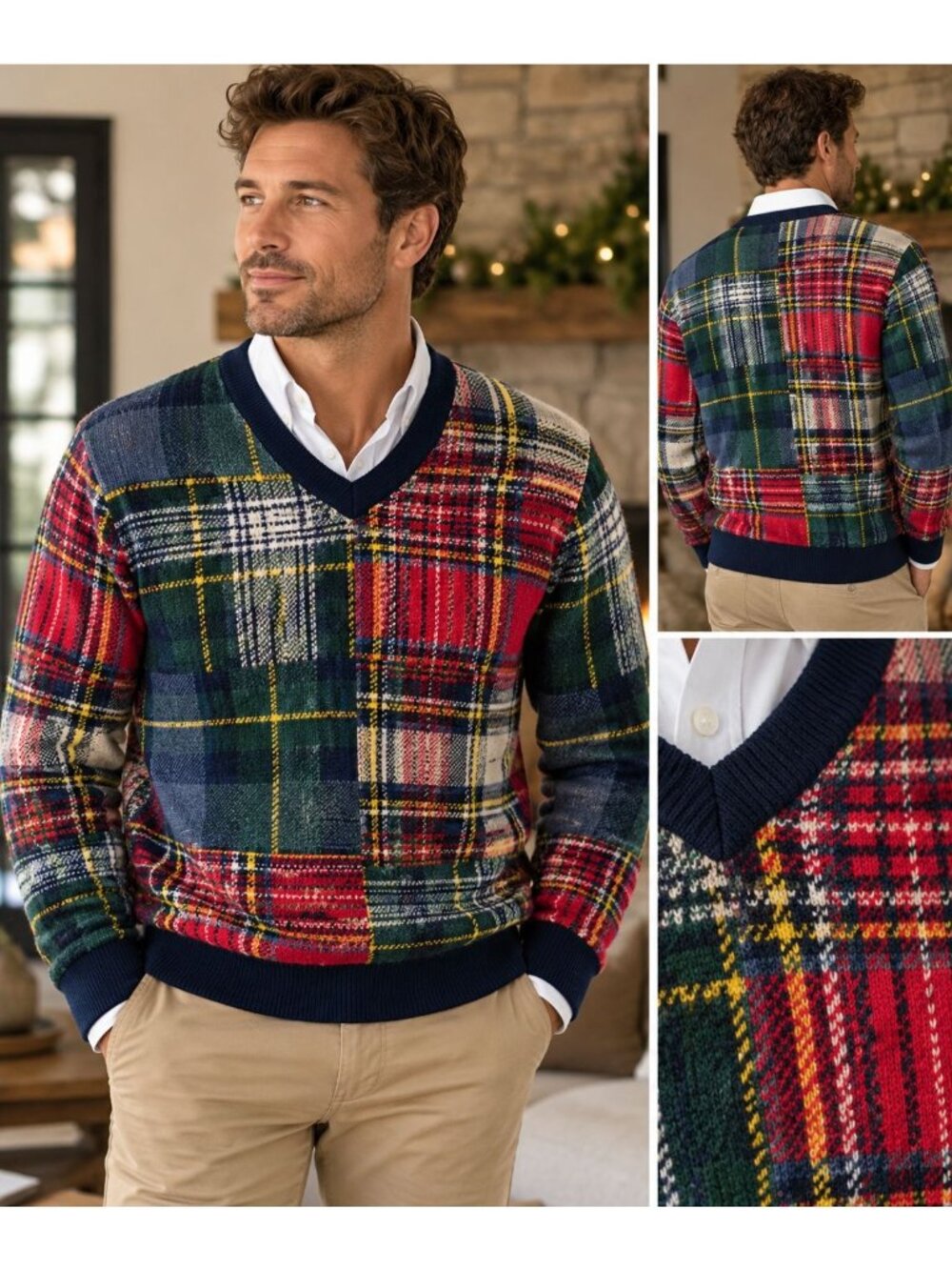Cremeiux Mens Large 100% Merino Wool Multicolor Plaid V-Neck Sweater